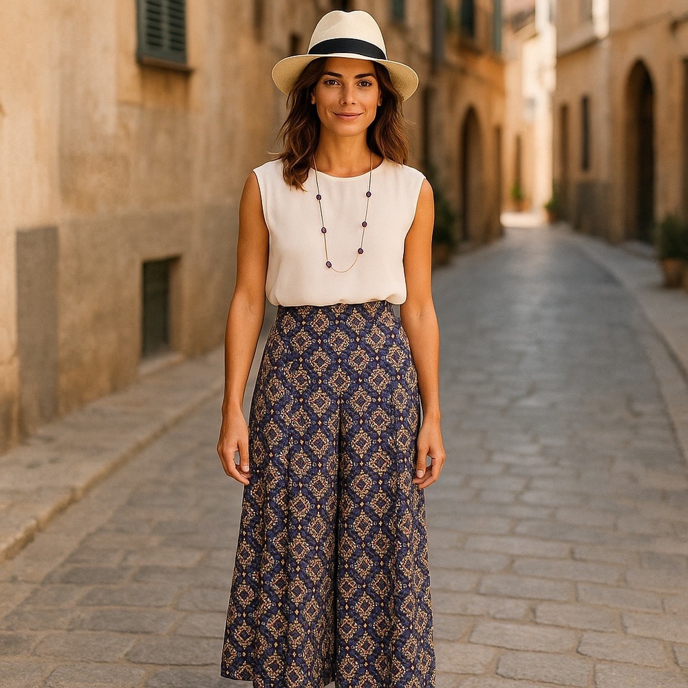 Anthropologie Maeve High Rise Pleated Blue Medallion Wide Leg Palazzo Pants 2